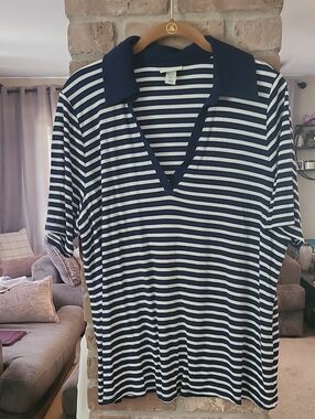 Ava & Viv Navy Striped Polo V-Neck Top